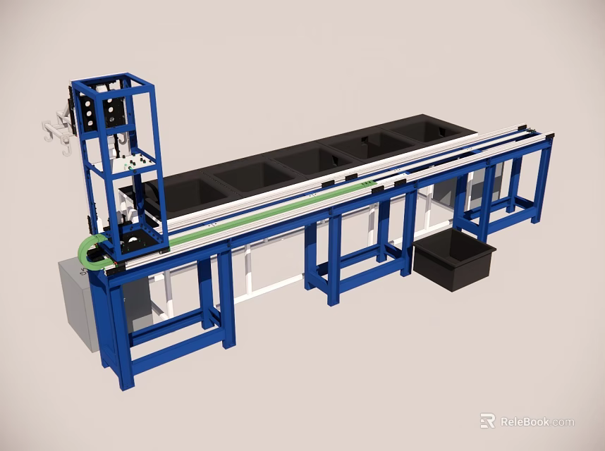 Heavy Duty Industrial Equipment with Blue Frame Long Processing Tank Green Conveyor and Black Container 3d model 
