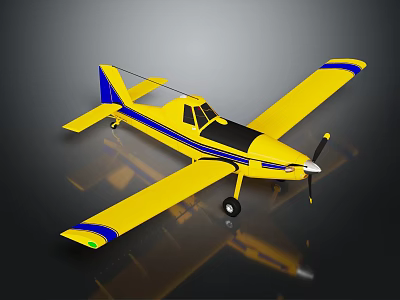 Yellow Small Single Engine Aircraft With Blue Stripes Propeller Wings On Dark Background 3d model