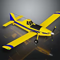 Yellow Small Single Engine Aircraft With Blue Stripes Propeller Wings On Dark Background 3d model