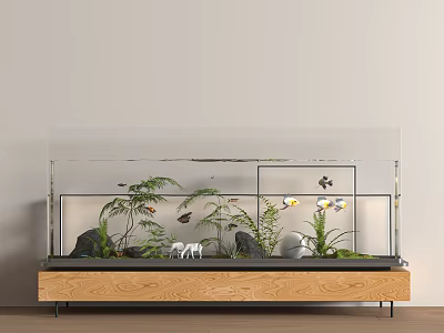 Transparent Aquarium Design With Wooden Base Colorful Fish Green Plants Stones 3d model