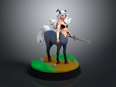 Centaur With White Hair Horns Black Bikini Holding Sword On Green Yellow Base With Stones 3d model