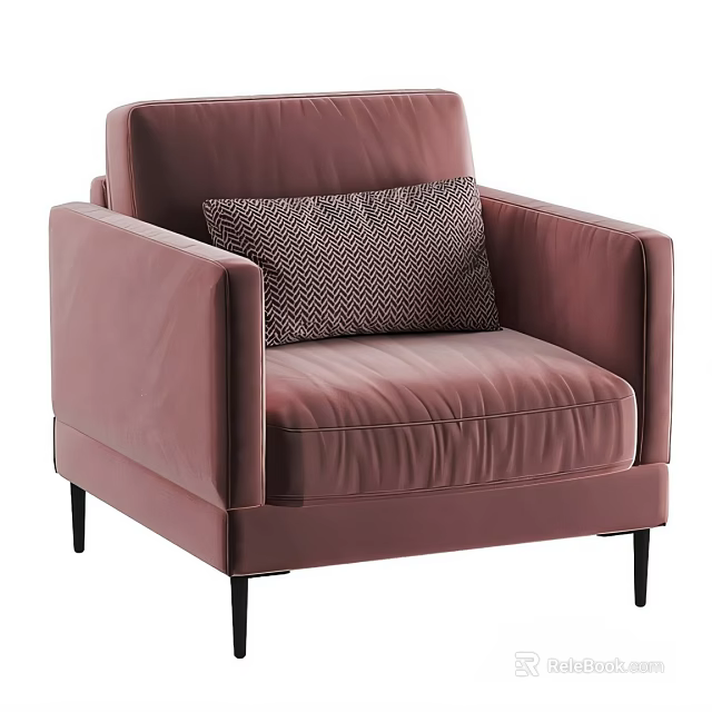Pink Velvet Single Seater Sofa With Geometric Pattern Pillow And Black Slim Legs Modern Design 3d model 