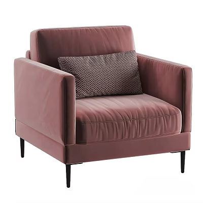 Pink Velvet Single Seater Sofa With Geometric Pattern Pillow And Black Slim Legs Modern Design 3d model