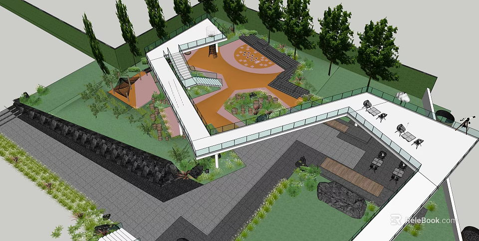 Outdoor Pergola Design with Surrounding Greenery Trees Walkway and Seating Area 3d model 