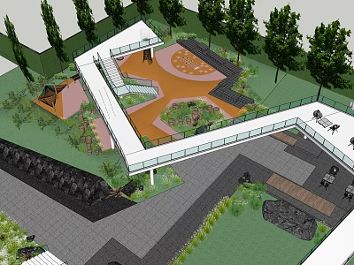 Outdoor Pergola Design with Surrounding Greenery Trees Walkway and Seating Area 3d model