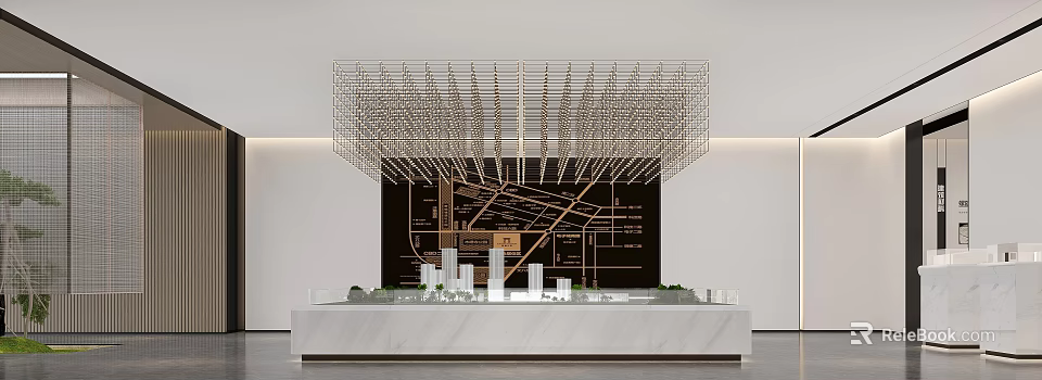 Modern Sales Office Interior Featuring Housing Model Display And Metal Grid Ceiling 3d model