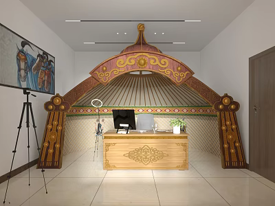 Public Office Area With Traditional Decorative Arched Structure Gold Red Decorations And Wooden Reception Desk 3d model