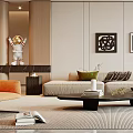 Modern Minimalist Living Room Interior With Beige Sofa Orange Accent Chair Black Coffee Table