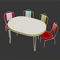 Oval Outdoor Table With White Tabletop Metal Frame And Four Red White Chairs