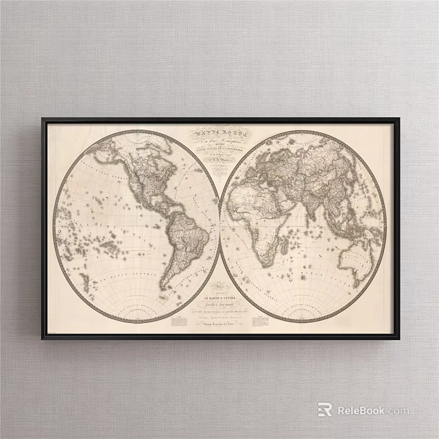 Vintage World Map With Double Hemispheres Framed Wall Decor Artwork 3d model