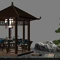 Traditional Garden Pavilion With Wooden Tiered Roof Blue Cushioned Chairs Rock Water And Pine Tree