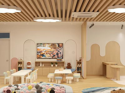 Kindergarten Interior With Ball Pit Tables Chairs TV And Wooden Decor 3d model