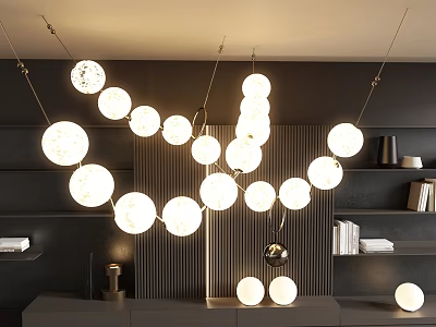 Modern Spherical Chandeliers Illuminated Hanging In Dark Wall Interior With Shelves 3d model