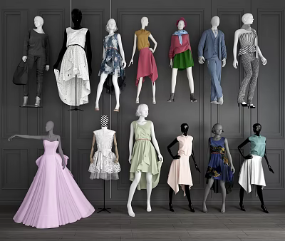 Fashion Mannequins Displaying Various Stylish Dresses And Colorful Outfits 3d model