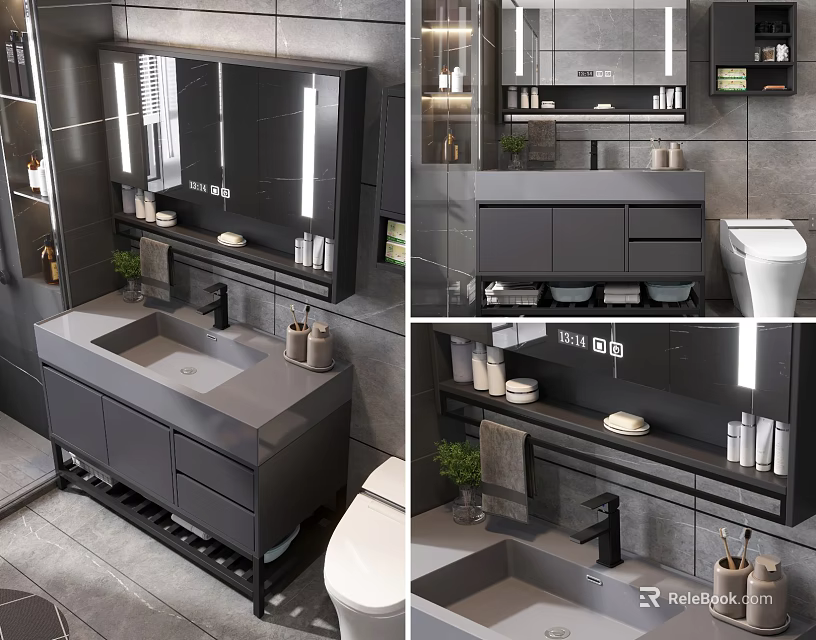Modern Bathroom Vanity With Gray Countertop Cabinet Sink Backlit Mirror And Toiletries 3d model 