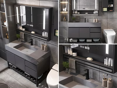 Modern Bathroom Vanity With Gray Countertop Cabinet Sink Backlit Mirror And Toiletries 3d model