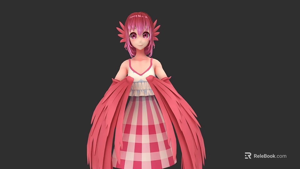 3D Anime Woman With Pink Hair Feather Headpiece And Checkered Dress 3d model 