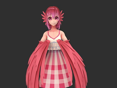 3D Anime Woman With Pink Hair Feather Headpiece And Checkered Dress 3d model