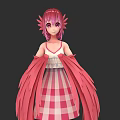 3D Anime Woman With Pink Hair Feather Headpiece And Checkered Dress