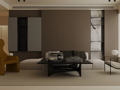 Modern Living Room Interior With Beige Sofa Black Coffee Table And Brown Wall 3d model