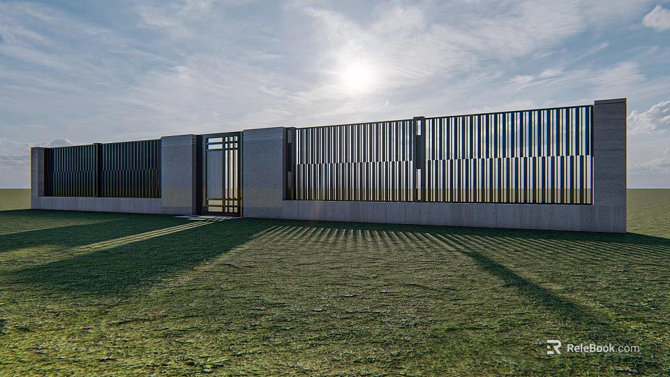 Modern Building Facade With Metal Slat Design White Wall And Green Lawn 3d model 