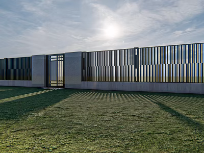 Modern Building Facade With Metal Slat Design White Wall And Green Lawn 3d model