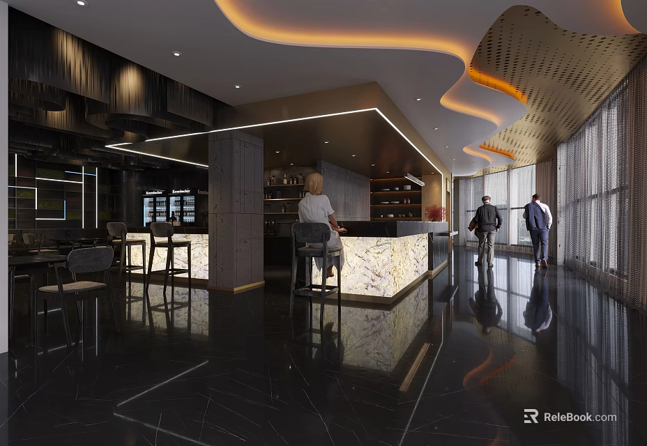 Modern Bar Interior With Marble Countertop Sleek Floor And Warm Lighting Design Elements 3d model 