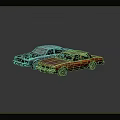 Two Old Abandoned Rusty Blue And Red Cars On Dark Background