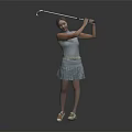 Woman Swinging Golf Club In Light Blue Sleeveless Top And Pleated Skirt With Sandals
