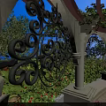 Ornate Ironwork Water Fountain In Arched Garden With Climbing Vines And Colorful Flowers