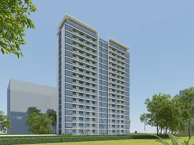 Modern High Rise Residential Building with Glass Exterior Surrounded by Green Trees and Lawns 3d model