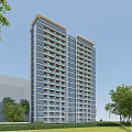 Modern High Rise Residential Building with Glass Exterior Surrounded by Green Trees and Lawns