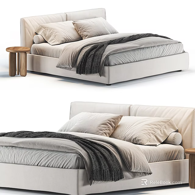 Modern Upholstered Double Bed With Plush Pillows Cozy Blanket And Wooden Nightstand 3d model 