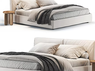 Modern Upholstered Double Bed With Plush Pillows Cozy Blanket And Wooden Nightstand 3d model