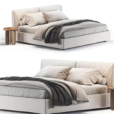 Modern Upholstered Double Bed With Plush Pillows Cozy Blanket And Wooden Nightstand 3d model