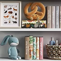 Cute Stuffed Toys On Nursery Shelf With Books Animal Posters And Wicker Baskets