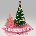 Festive Christmas Tree With Pink Gift Boxes Welcome Sign And Decorations