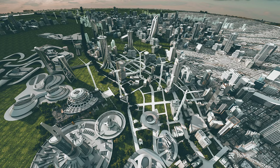 Aerial View Of Future Urban City Planning With Modern Architecture Green Spaces And Skyscrapers 3d model 