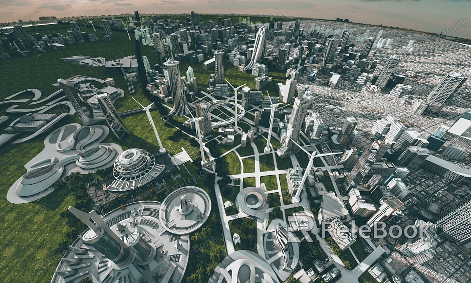 Modern Aerial View Future Technology City Doomsday model