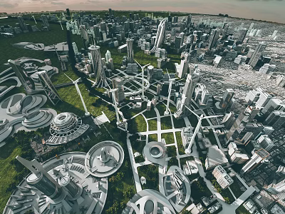 Aerial View Of Future Urban City Planning With Modern Architecture Green Spaces And Skyscrapers 3d model