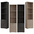 Stylish Display Cabinets Featuring Multiple Shelves Black Brown Beige Tones And Geometric Design Bases