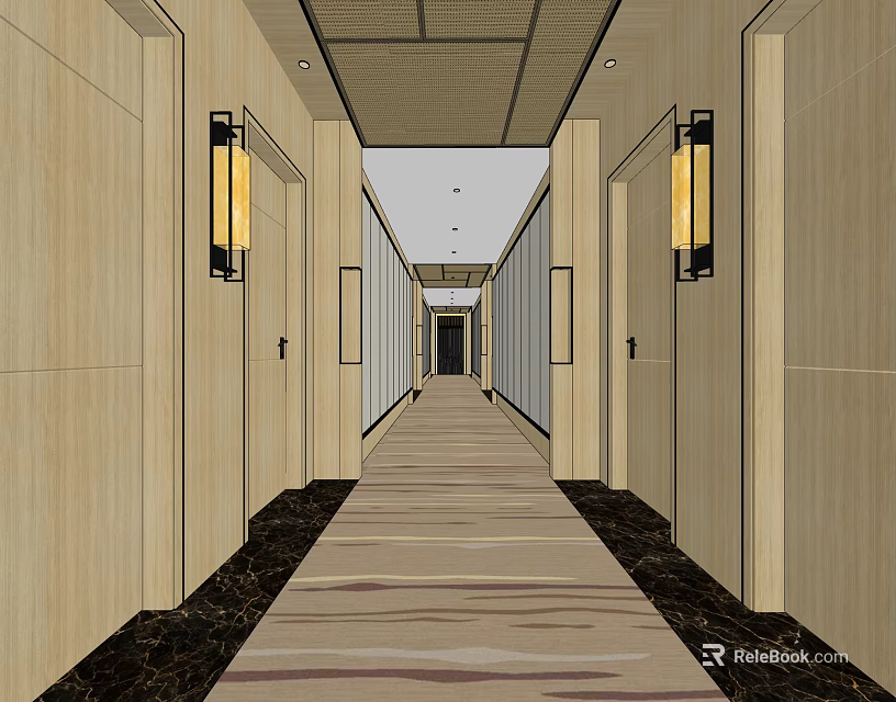 Modern Elevator Hallway With Side Doors Wall Sconces And Carpeted Floor 3d model