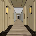 Modern Elevator Hallway With Side Doors Wall Sconces And Carpeted Floor 3d model