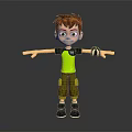 Game Movie Character Red Haired Boy in Green T-Shirt with Wrist Device Standing Arms Outstretched