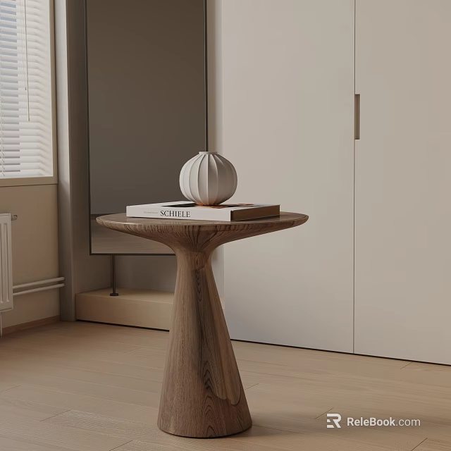 Tapered Base Walnut Side Table With Spherical Decor And Books In Modern Living Room 3d model 