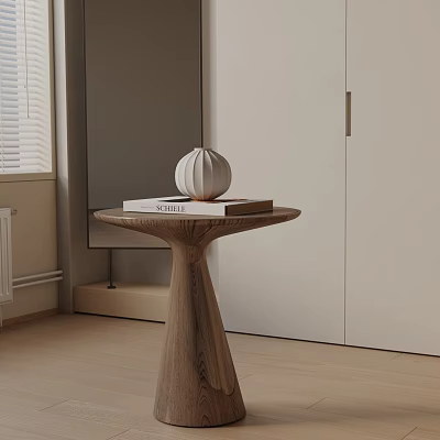 Tapered Base Walnut Side Table With Spherical Decor And Books In Modern Living Room 3d model