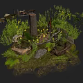 Natural Miniature Landscape With Tree Stump Stones Green Plants And Yellow Flowers