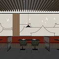 Modern Restaurant Interior With Wooden Ceiling Red Seats And Bird Wall Decor