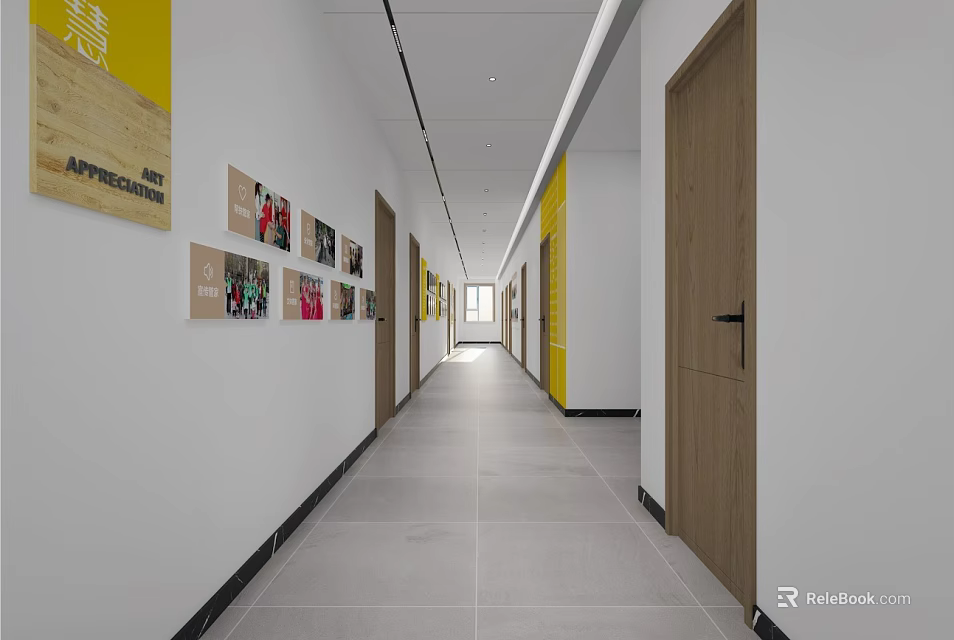 Modern Office Corridor With White Walls Yellow Accents Wooden Doors And Wall 3d model 