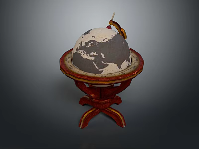 Decorative Ornament Set Featuring Globe With World Map On Carved Red Stand 3d model